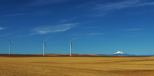 Into Oregon. Wind farms, wheat fields, and Mount Hood. 